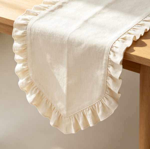 Cream Style Ruffled Fabric Table Runner